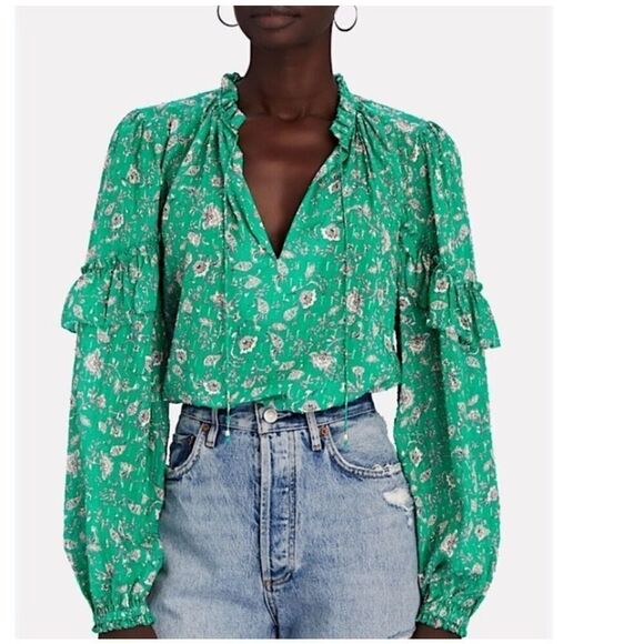 NWT Intermix Women's Floral Marika Ruffled Fil Coupé Blouse Green Size S - Picture 1 of 7